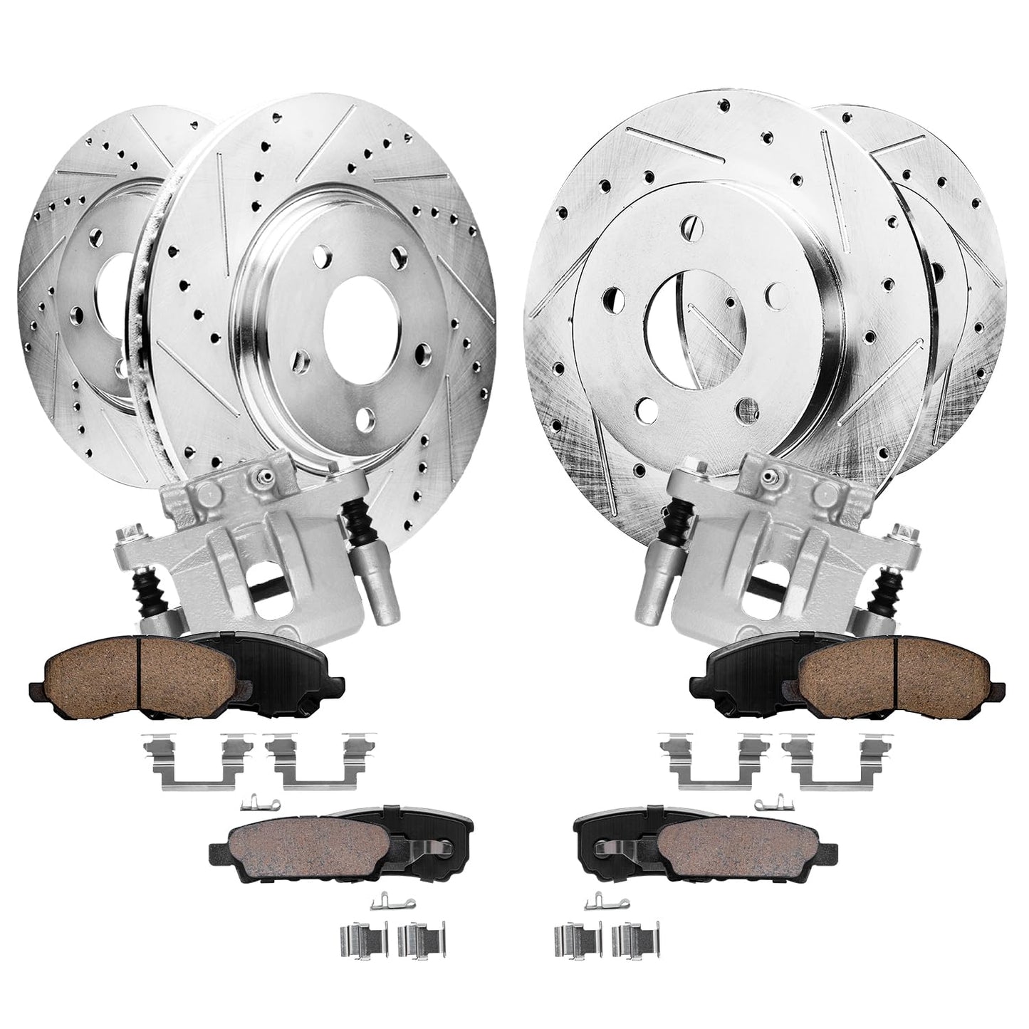 Detroit Axle - Front and Rear Drilled Rotors Brake Pads Calipers w/Bracket Replacement for Chrysler 200 Sebring Dodge Avenger Ca