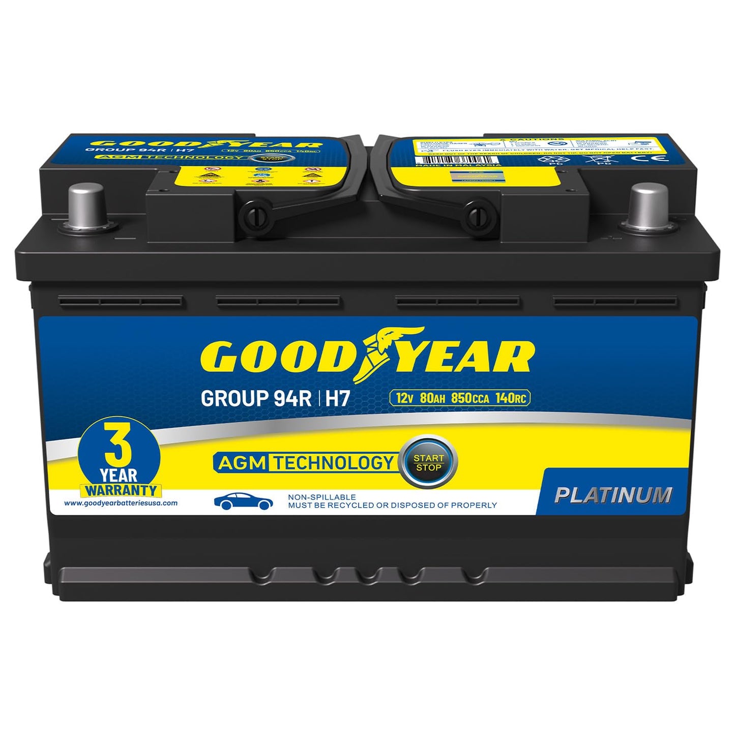 Goodyear 94R-H7-AGM BCI Group Size 94R 12V 80 AH, 140RC, 850 CCA Platinum series Rechargeable AGM Maintenance Free Automotive Ba